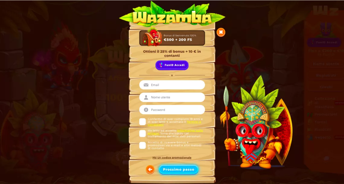 Zrzut ekranu rejestracji w Wazamba